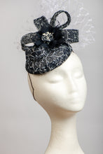 Load image into Gallery viewer, Dark navy and white headpiece with waffle veiling.