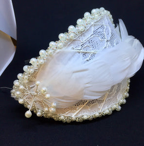 Bridal pearl , lace and white feather headband.
