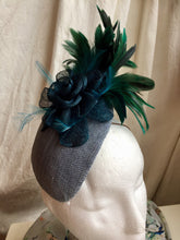 Load image into Gallery viewer, Teal and blue flower and feather headpiece.