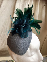 Load image into Gallery viewer, Teal and blue flower and feather headpiece.