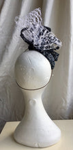 Load image into Gallery viewer, Dark navy and white headpiece with waffle veiling.