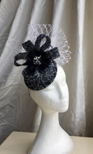 Load image into Gallery viewer, Dark navy and white headpiece with waffle veiling.