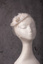Load image into Gallery viewer, White feather and diamante headpiece with birdcage .