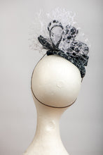 Load image into Gallery viewer, Dark navy and white headpiece with waffle veiling.