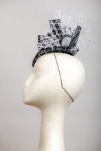 Load image into Gallery viewer, Dark navy and white headpiece with waffle veiling.
