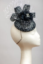 Load image into Gallery viewer, Dark navy and white headpiece with waffle veiling.