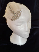 Load image into Gallery viewer, Diamante and ivory feather bridal headpiece.
