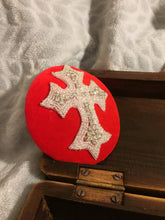 Load image into Gallery viewer, Red velvet mini headpiece with diamante cross.