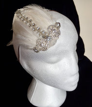 Load image into Gallery viewer, Diamante and ivory feather bridal headpiece.