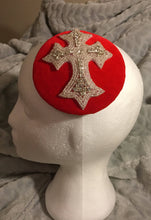 Load image into Gallery viewer, Red velvet mini headpiece with diamante cross.