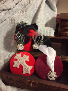 Red velvet mini headpiece with diamante cross.