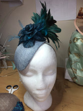 Load image into Gallery viewer, Teal and blue flower and feather headpiece.
