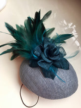 Load image into Gallery viewer, Teal and blue flower and feather headpiece.