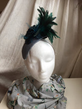 Load image into Gallery viewer, Teal and blue flower and feather headpiece.