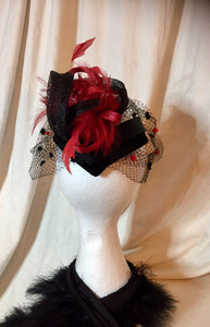 Black and red diamond headpiece with birdcage.