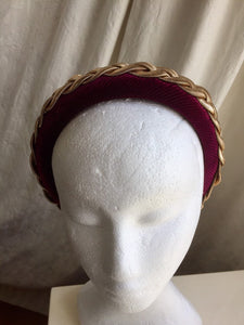 Wine velvet headband with gold metal braid.