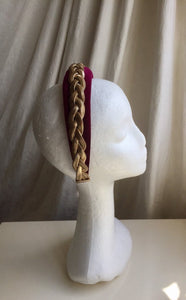 Wine velvet headband with gold metal braid.