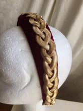 Load image into Gallery viewer, Wine velvet headband with gold metal braid.