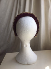 Load image into Gallery viewer, Wine velvet headband with gold metal braid.