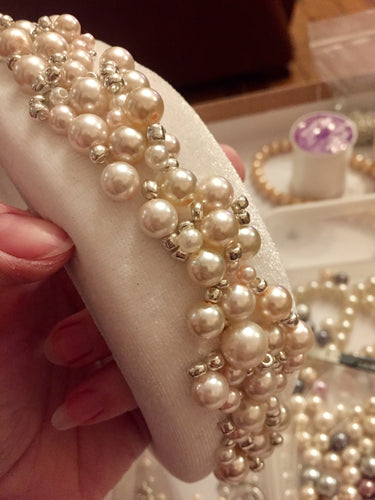 Ivory pearl and silver beaded crown headband