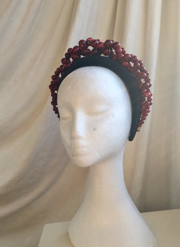 Wine red beaded , black velvet headband.